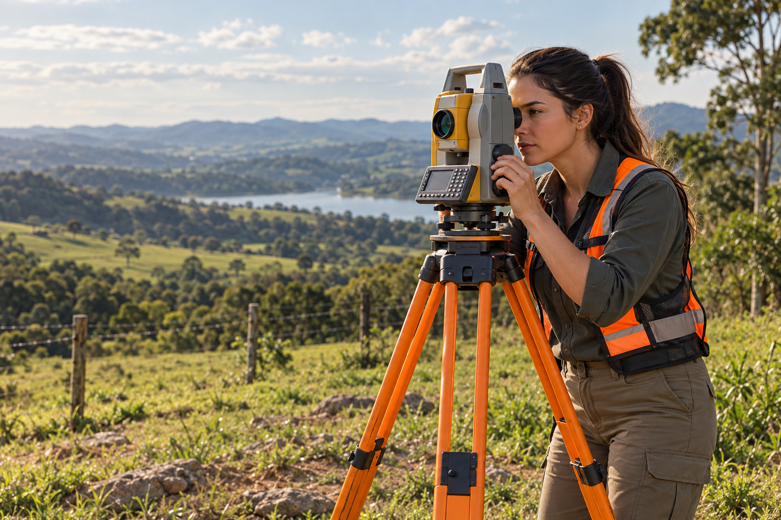 Profissional realizando um levantamento topográfico com estação total em área rural